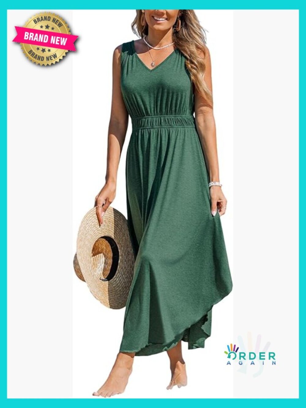 Sleeveless V Neck Maxi Dress Summer Casual Flowy Elastic Waist Long